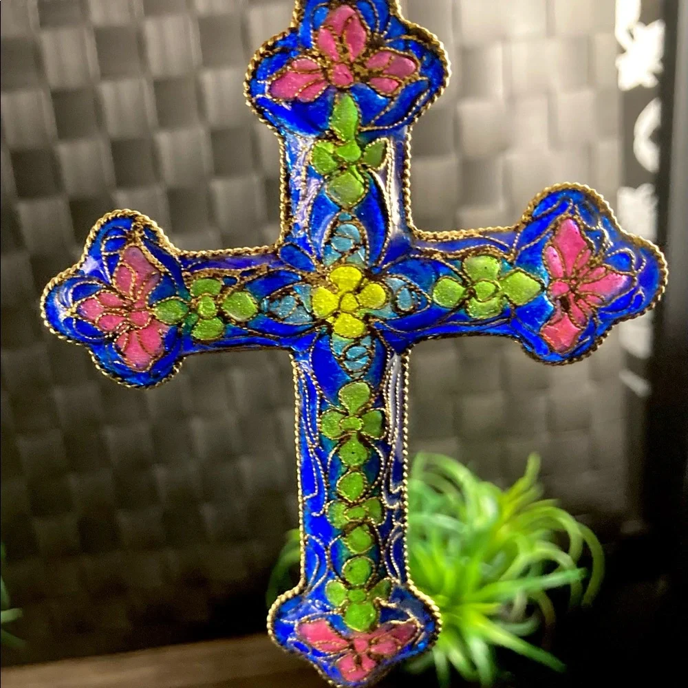 Vintage Plique a Jour CLOISONNE Enamel Stained Glass Floral Cross Ornaments